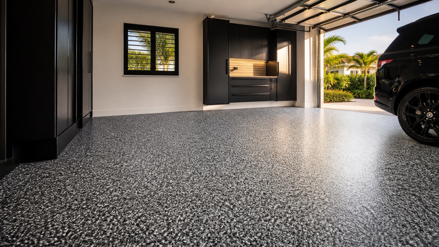 Gray epoxy flake floor in a modern South Florida garage